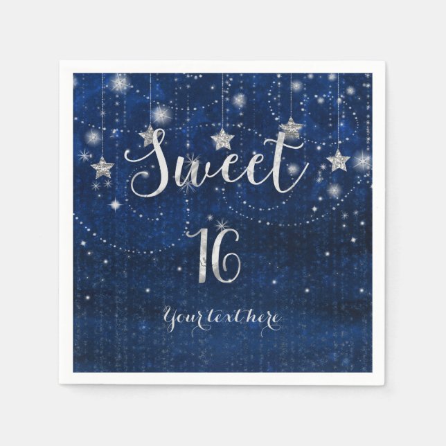 Blue & Silver Starry Celestial Sweet 16 Party Napkin (Front)