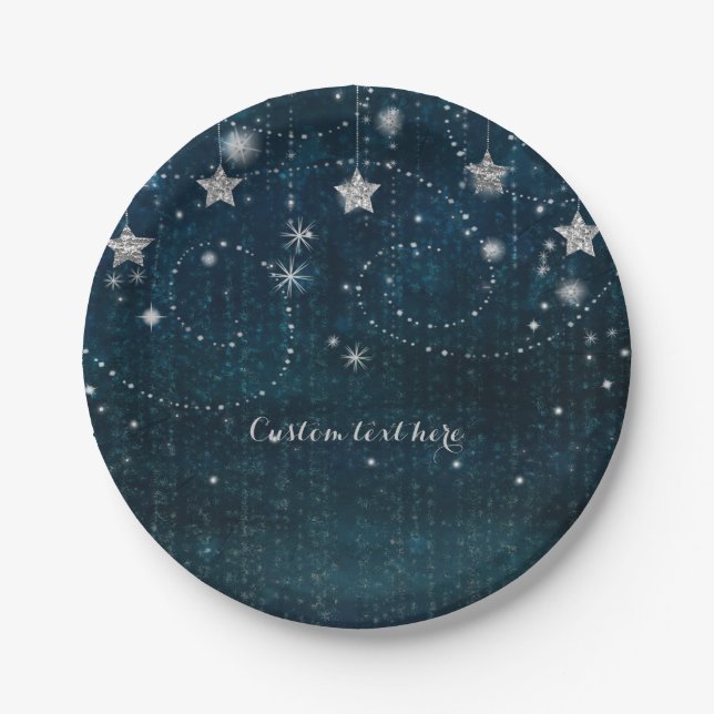 Blue & Silver Starry Sweet 16 Whimsical Party Paper Plate (Front)