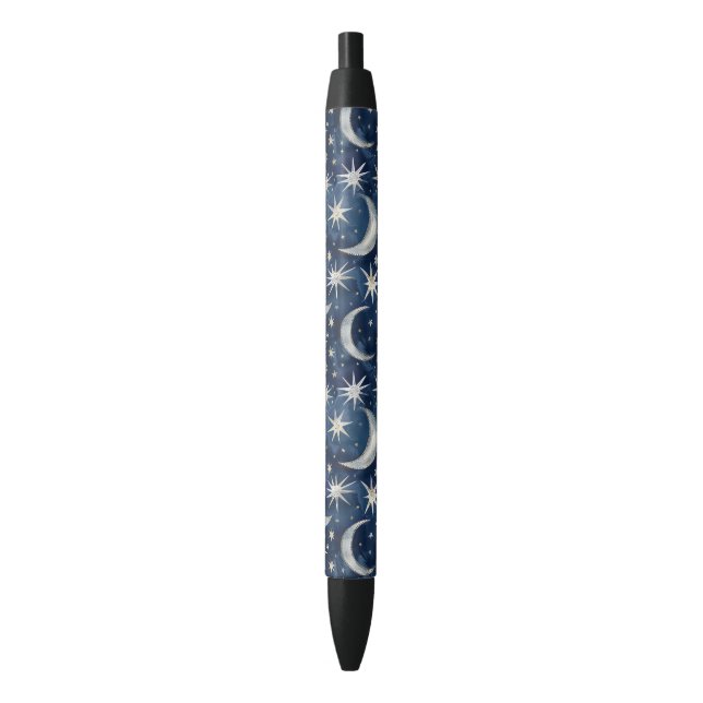 Blue Silver Stars Moons Black Ink Pen (Front Vertical)
