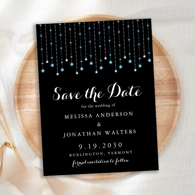 Blue Silver Stars String Lights Save The Date Postcard (Creator Uploaded)