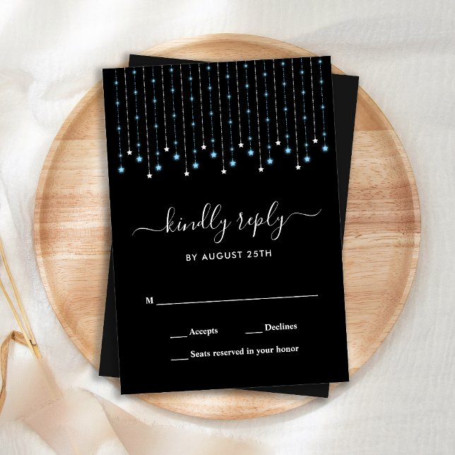 Blue Silver Stars String Lights Wedding RSVP Card (Creator Uploaded)