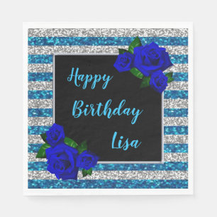 Blue Silver Stripe Glitter Deep Blue Rose Birthday Napkin