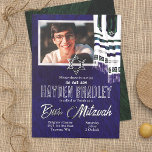 Blue, Silver, Teal Striped Tallit Bar Mitzvah<br><div class="desc">Announce your Bar Mitzvah with vivid prayer shawls overlaying photo. Vivid blue Bar Mitzvah invitation cards with striped tallit artwork, return address labels, and other blue and/or green Bar Mitzvah accessories will complete the look for a modern traditional celebration. Hints of shiny silver, teal, royal blue, and bright green on...</div>