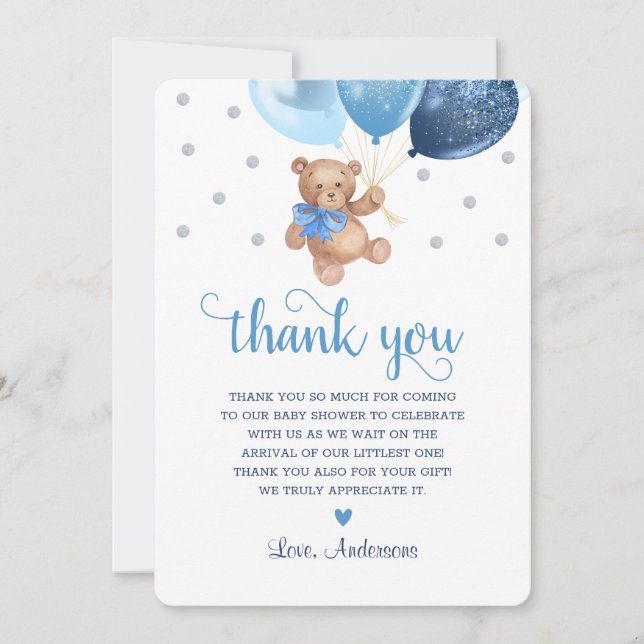Blue Silver Teddy Bear Beary Much Baby Shower  Thank You Card (Front)