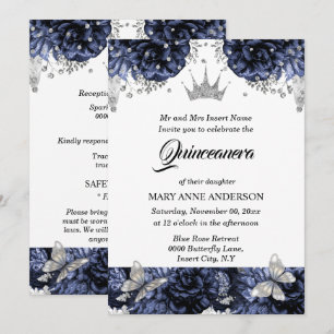 Blue silver tiara butterfly blue rose quinceanera invitation