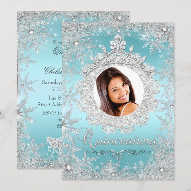 Blue Silver Tiara Snowflake Sparkle Quinceanera Invitation (Front/Back)