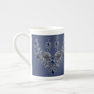 Blue Silver Tiger Crystal Jewellery Set Bone China Mug