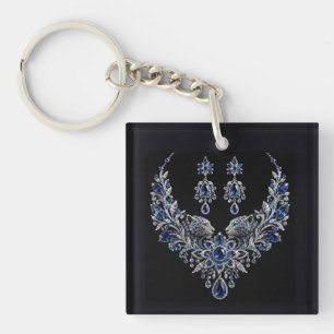 Blue Silver Tiger Crystal Jewellery Set Keychain
