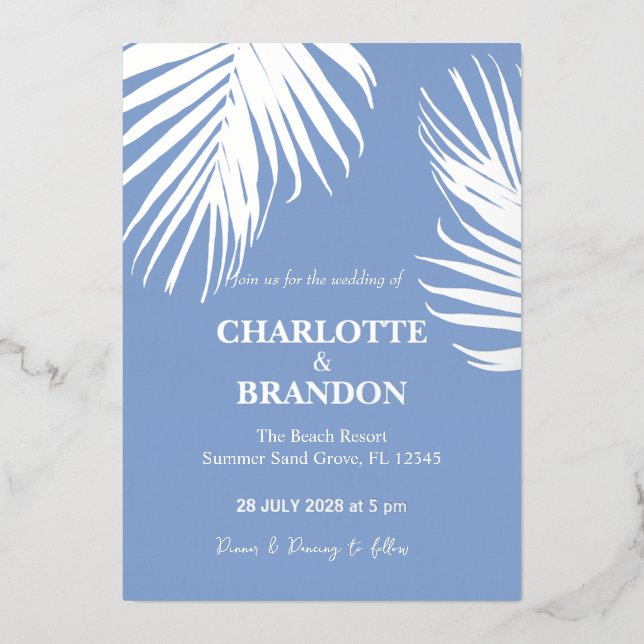 Blue Silver Tropical Palm Leaf Wedding  (Front)
