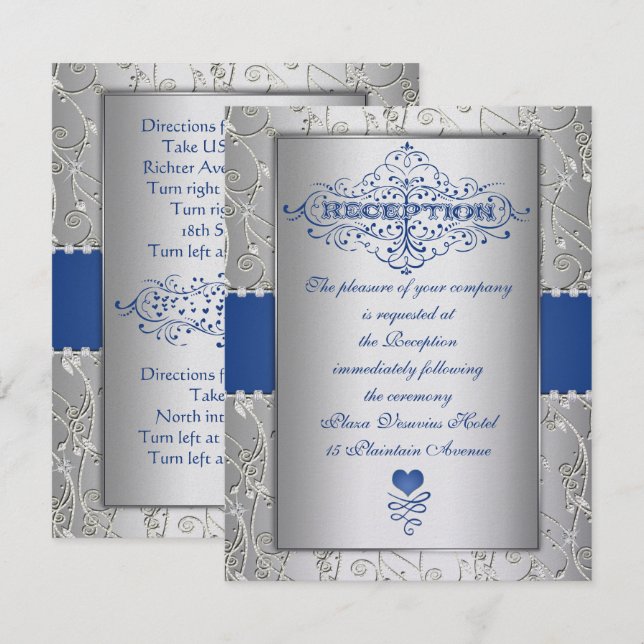 Blue Silver Typography Wedding Reception Insert Invitation (Front/Back)