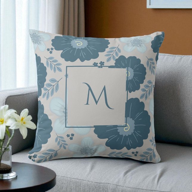 Blue Silver Watercolor Floral Script Throw Pillow (Creator Uploaded)