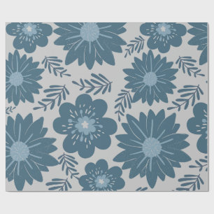 Blue Silver Watercolor Floral Wrapping Paper