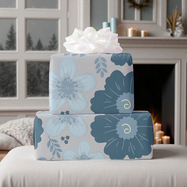 Blue Silver Watercolor Floral  Wrapping Paper (Creator Uploaded)