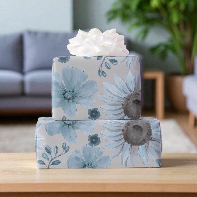 Blue Silver Watercolor Floral  Wrapping Paper (Creator Uploaded)