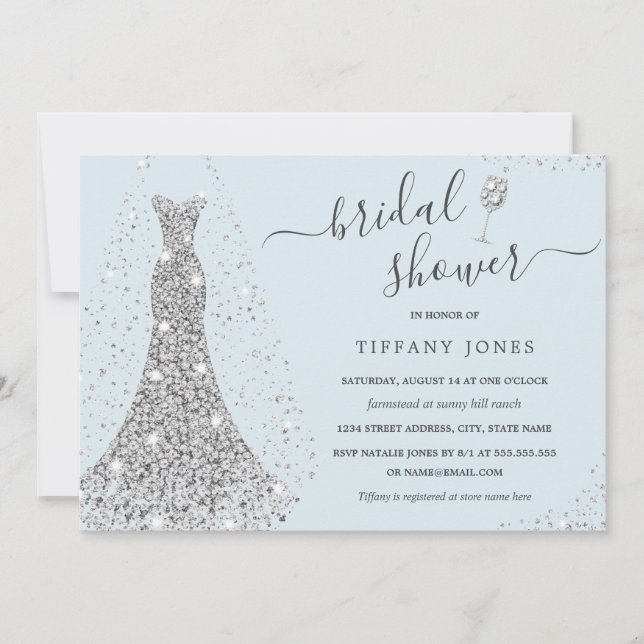 Blue Silver Wedding Dress Sparkle Bridal Shower  Invitation (Front)