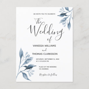 Blue silver white botanical wedding invitation postcard