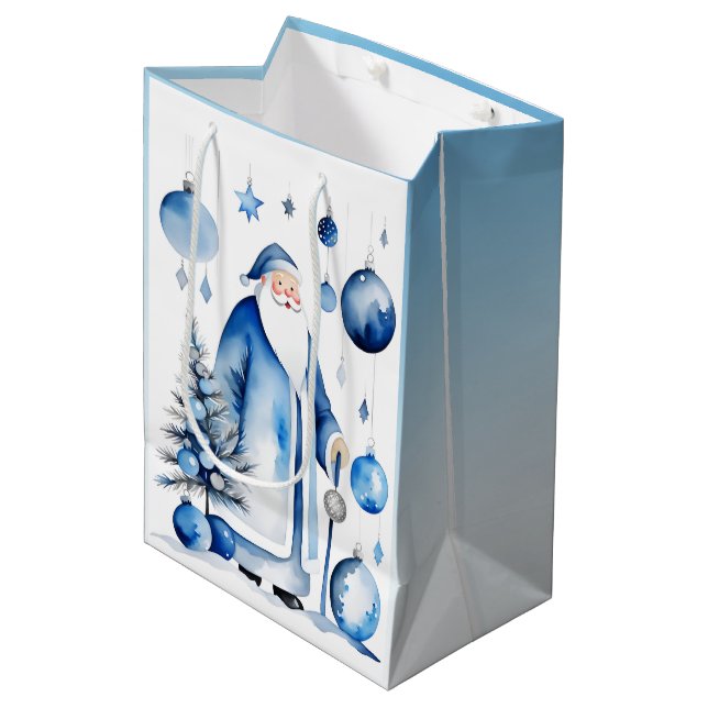 Blue, Silver & White Japandi Santa  Medium Gift Bag (Front Angled)