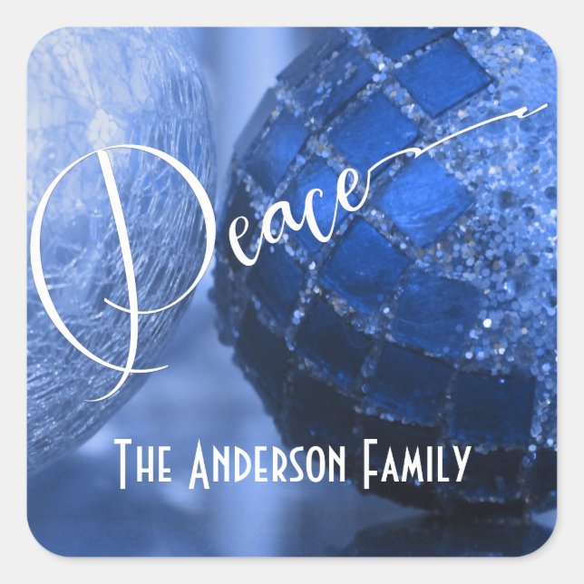 Blue, Silver & White Peace Greeting for Holidays Square Sticker (Front)