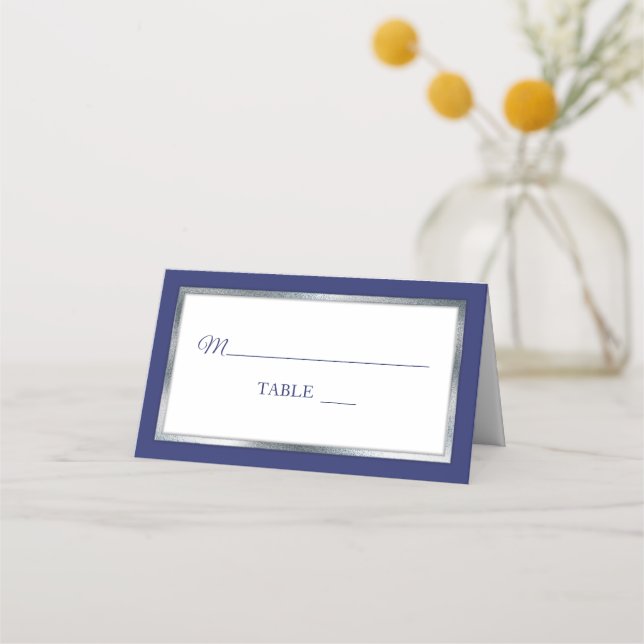 Blue | Silver | White Simple Elegant Place Cards (Front)