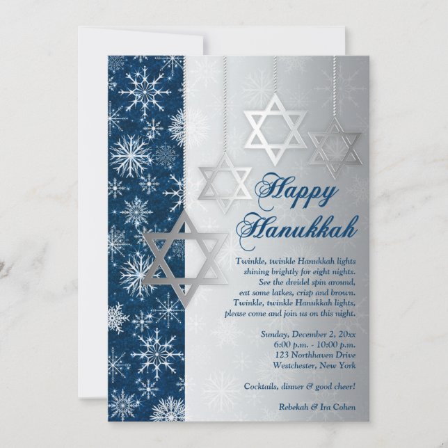 Blue Silver White Snowflakes Hanukkah Party Invite (Front)
