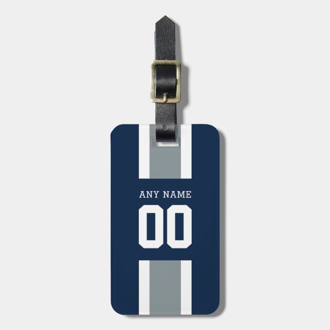 Blue, Silver & White Striped Football Jersey Luggage Tag (Front Vertical)