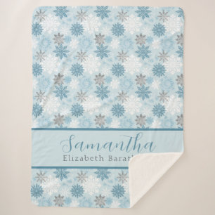 Blue & Silver Winter Snowflake Personalized Name  Sherpa Blanket