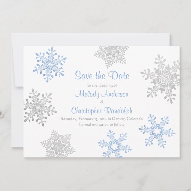 Blue Silver Winter Snowflake Wedding Save the Date (Front)