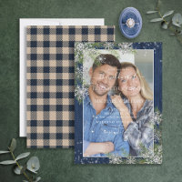Blue Silver Winter Wood Plaid Rustic Photo Wedding
