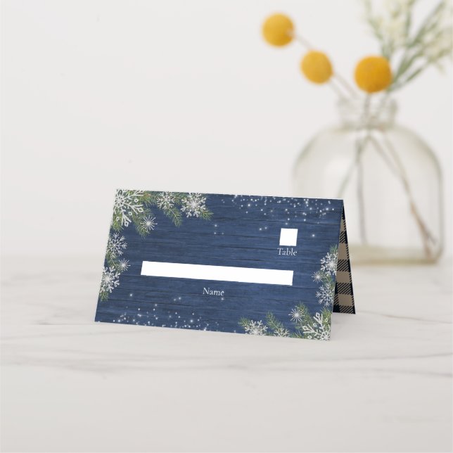 Blue Silver Winter Wood Plaid Rustic Place Card (Front)