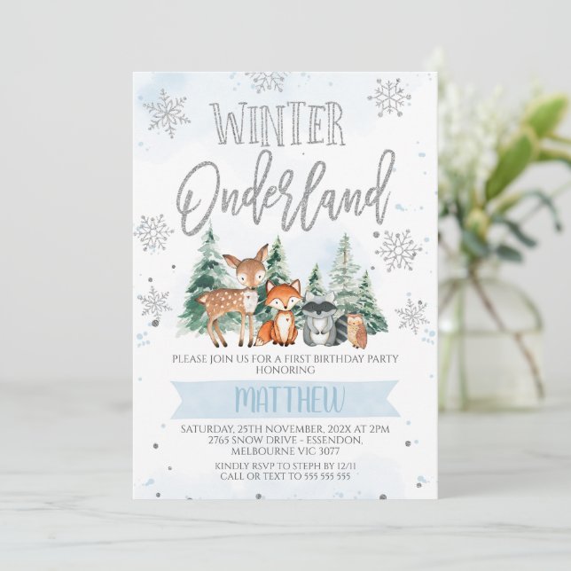  Blue Silver Woodland Onederland First Birthday In Invitation (Standing Front)