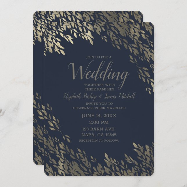 Blue & Silvery Silver Leaves Chic Rustic Wedding Invitation (Front/Back)