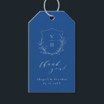 Blue simple botanical crest monogram wedding gift tags<br><div class="desc">Monogrammed initials framed by elegant crest and hand illustrated botanical leaves,  and elegant script and classic font in blue and white,  simple and luxury.  Great thank you favour stickers for modern classic wedding,  simple formal wedding,  elegant botanical garden wedding. 
See all the matching pieces in the collection.</div>