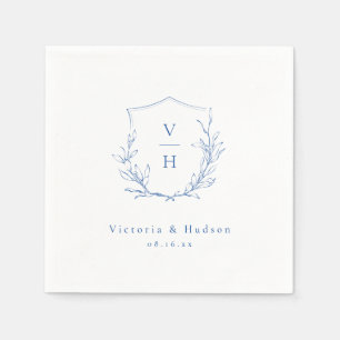 Blue simple botanical crest monogram wedding Napkin