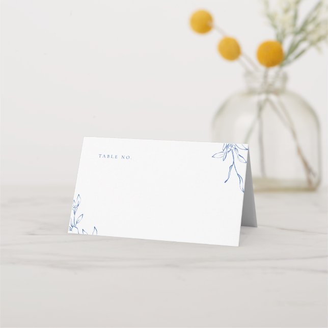 Blue Simple botanical crest monogram wedding Place Card (Front)