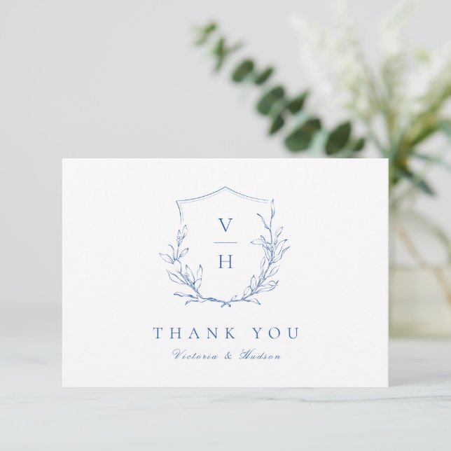 Blue simple botanical crest monogram wedding thank you card (Standing Front)