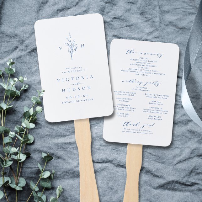 Blue simple botanical monogram wedding program han hand fan (Blue botanical crest monogram wedding program hand fan)