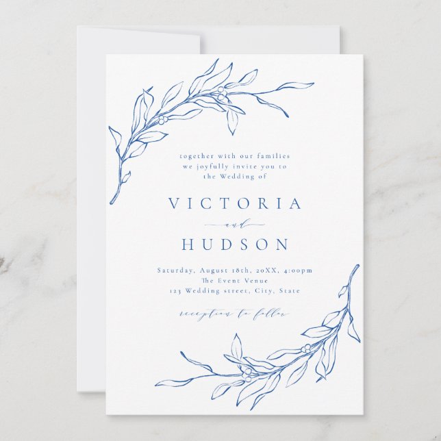 Blue simple botanical wreath rustic wedding invitation (Front)