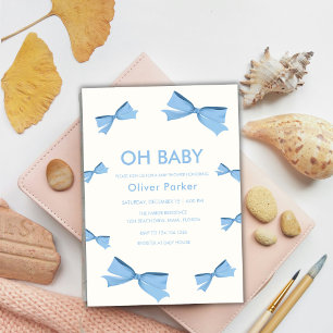 Blue Simple Bow Frame Boy Baby Shower Invitation
