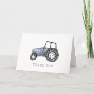 Blue Simple Boy Watercolor Tractor Baby Shower Thank You Card