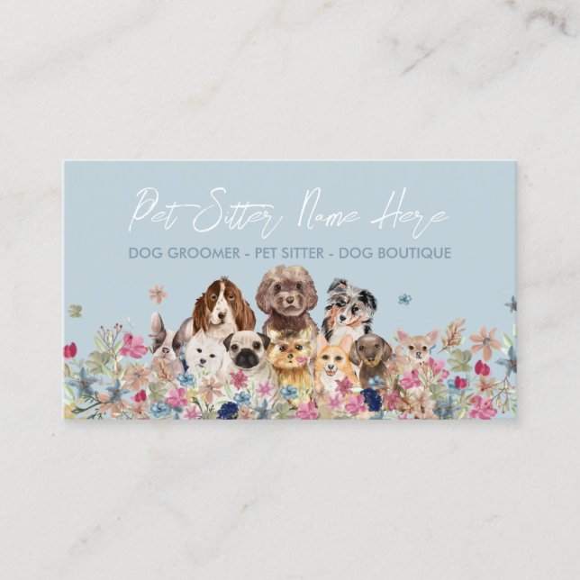 Blue Simple Dog Breed Puppy Grooming Petsitter Business Card (Front)