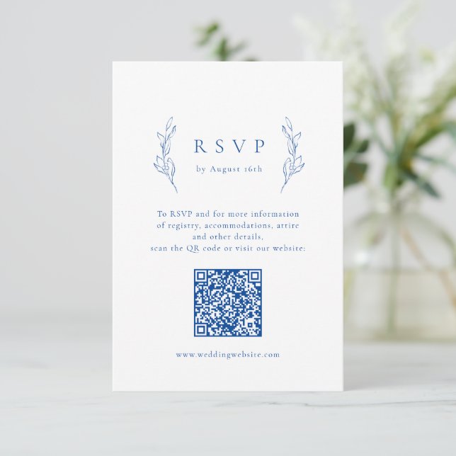 Blue simple elegance botanical QR code wedding RSVP Card (Standing Front)