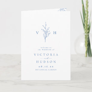 Blue simple elegant botanical monogram wedding program