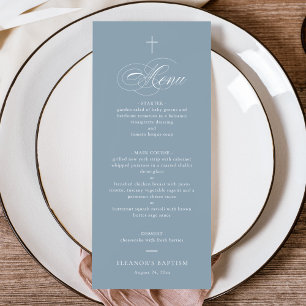 Blue Simple Elegant Cross Calligraphy Baptism Menu