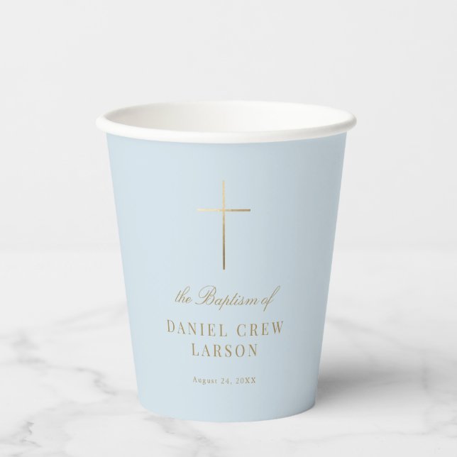 Blue Simple Elegant Gold Cross Baptism Christening Paper Cups (Front)