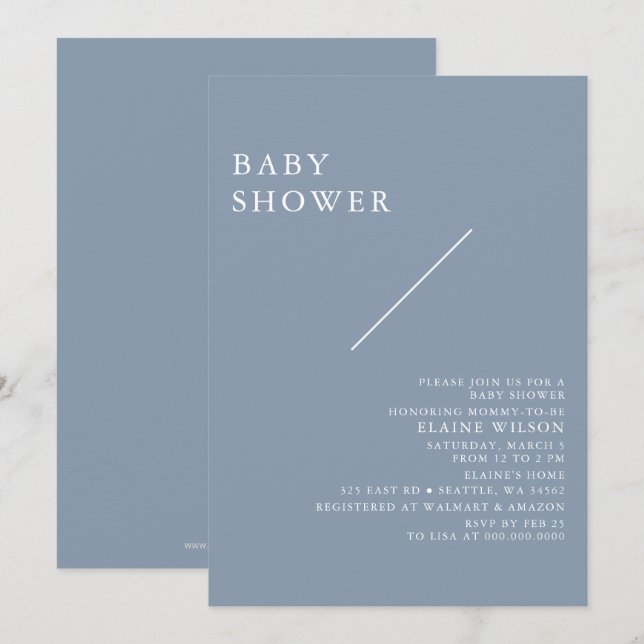 Blue Simple Elegant Modern Baby Shower  Invitation (Front/Back)