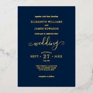 Blue Simple Elegant Wedding Gold Foil Invitation