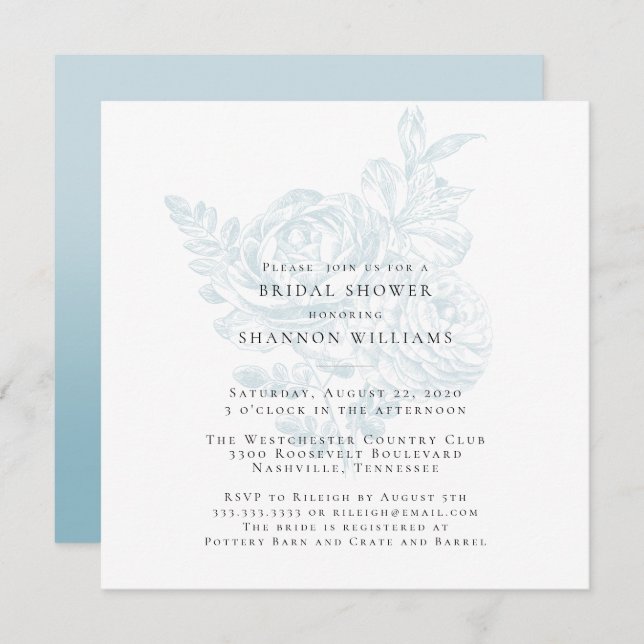 Blue Simple Floral Bridal Shower Invitation (Front/Back)