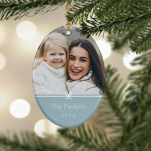 Blue Simple Minimal Bow Photo Ceramic Ornament