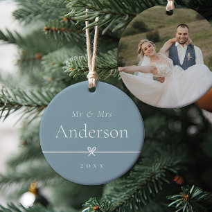 Blue Simple Minimal Bow Wedding Photo Ceramic Ornament