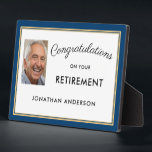 Blue Simple Retirement Party Photo Banner Plaque<br><div class="desc">This retirement party table top plaque features a simple professional layout with a dark blue and gold border. Say congratulations with this simple and easy to read sign. Personalize with a photo of the honoree.</div>